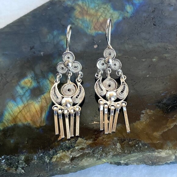 VTG Sterling Silver 925 Filigree Spun Silver Fringe Dangle Drop Earrings - Picture 4 of 14